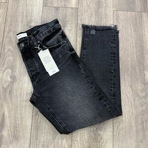 Mango Tapered Lila Black Denim Jeans Raw Frayed Hem Cropped Length Size 1